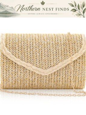 Straw Clutch Purse Woven Envelope Handbag Detachable Chain Evening Bag